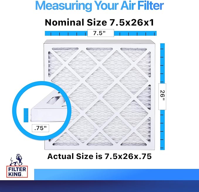 Filter King 7.5x26x1 Air Filter | 4-PACK | MERV 8 HVAC Pleated A/C Furnace Filters | MADE IN USA | Actual Size: 7.5 x 26 x .75"