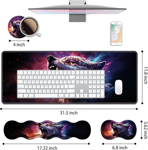 4 in 1 Ergonomic Keyboard Wrist Rest & Mouse Pad Wrist Rest Set, Large XXL Gaming Desk Mat 31.5"x 11.8" with Non-Slip Base, Memory Foam for Home Office Study Gaming, Wolf Howling