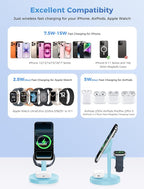 2026 3 in 1 Wireless Charging Station Compatible with MagSafe, 15W Fast Magnetic Mag-Safe Charger Stand for Apple iPhone 17 16 15 14 13 12 Series iWatch AirPods Pro 4 3 2, Iceblue