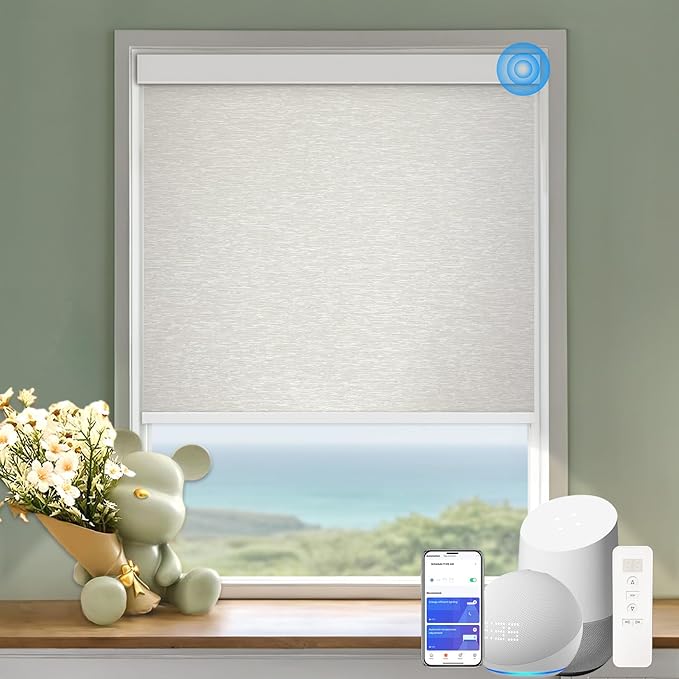 COOLWINDS Motorized Blinds with Remote Cordless Automatic Motorized Shades Custom Blinds for Windows Smart Curtains Compatible with Alexa Google Home(Blackout Jacquard Beige,W42 x H72in)