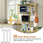 Storage Shelves with 20 Hooks, 5-Tier Foldable Shelves for Storage, Folding Shelf Unit Pantry Shelves with Wheels, Standing Shelving Unit for Kitchen Garage Home Office Room Greenhouse, Gold