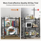 Himix Storage Shelves with 6 Hooks, 3 Tier Foldable Shelf with Wheels, Metal Storage Shelving Unit Rolling Cart, Utility Shelf Rack Organization Shelves for Pantry, Kitchen, Black - No Assembly