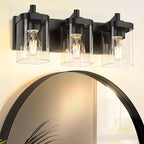 METWET Bathroom Light Fixtures Over Mirror, 3-Light Matte Black Vanity Light with Square Clear Glass Shade, Modern Wall Sconces, Vanity Lighting Fixtures, VL194-MB-3