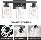 DIKAIDA 3-Light Bathroom Light Fixtures, Black Bathroom Vanity Light with Clear Glass Shade, Modern Bathroom Wall Lights Over Mirror, Farmhouse Wall Sconces Lighting for Bedroom LivingRoom