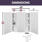 White Acrylic Tub Wall Surround 32"x 60"x 58" - Waterproof, Easy-to-Install, Two Shelf Units Kit Included - Bathtub Wall Surround Panels - Vertical Pattern, Dynamic Shelves
