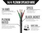Voltive 14/4 Speaker Wire, Plenum CL3P, Black, 500ft - 14AWG, 4 Conductors, Stranded Oxygen-Free Copper, UL Listed - V-1216-3