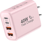 TT&C USB C Block 40W, 4 Ports Wall Plug Fast Charging Block, PD+QC Multiport Power Adapter USB C Charger Type C for iPhone 17, 17 Air, 17 Pro, 17 Pro Max, 16,15,14,13,12, Galaxy Phones (Pink 1Pack)