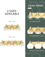 METWET Bathroom Light Fixtures Over Mirror, 3-Light Brushed Gold Vanity Light with Clear Hammered Glass Globe Shade, Modern Sconces Wall Lighting Bedroom Hallway, VL200-BG-3