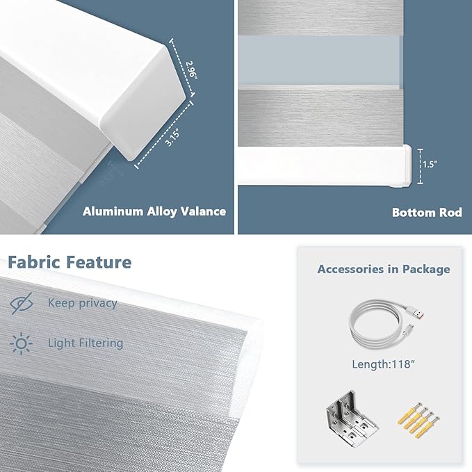 COOLWINDS Motorized Zebra Blinds for Windows Cordless Electric Curtains with Remote Control Blackout Shades Custom Smart Blinds Compatible with Alexa Google Home(Light Filtering Grey,W27 X 72in)