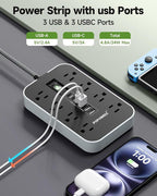 Power Strip Surge Protector- 5FT Flat Plug Extension Cord, 8 AC Outlet& 6 USB Ports(3 USB C), 1080 J Surge Protection, Desk Charging Station, Overload Switch, Home, Office, Gaming Room Essentials.