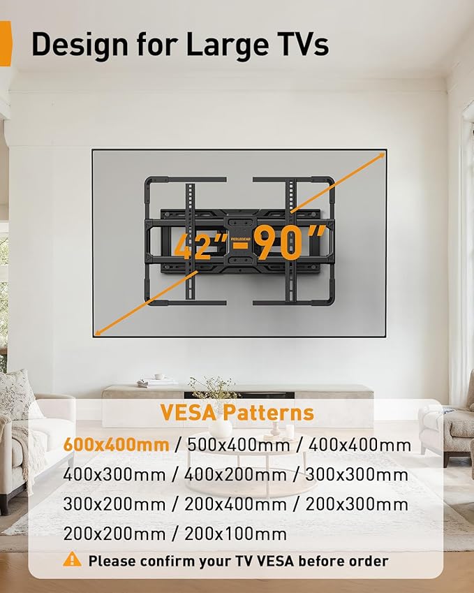 Perlegear AuraFrame™ Pre-Assembled TV Wall Mount with LED Light for 42″–90″ TVs up to 150 lbs, Full Motion Wall Mount, Tilt, Swivel & Extension, TV Backlights with Music Sync, Max VESA 600 x 400mm