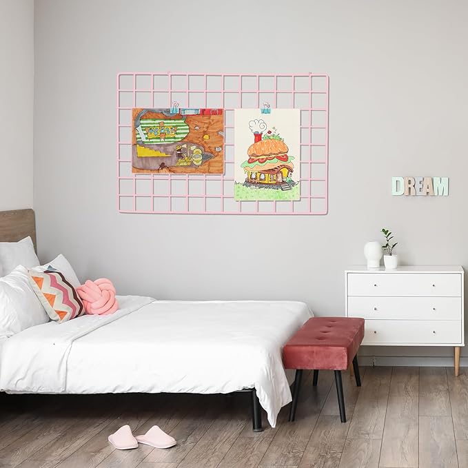 PATIKIL 20"x20" Wire Grid Panel, 2 Pack Board Photo Pictures Memo Display Grid Panels Hanging Organizer Wall Decorative Panel for Home Office Wedding, Pink