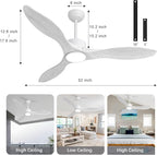 revoici 52 Inch White Ceiling Fan with Lights and Remote, Retro White Wood Low Profile Flush Mount Modern Ceiling Fan for Indoor Farmhouse Bedroom Living Room Outdoor Patio Porch, Reversible DC Motor
