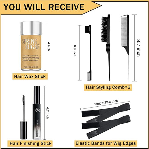 7 Pcs Hair Wax and Edge Control Set for Women - Flyaway Styling Products Includes Wax Stick, Hair Finishing Stick, Comb, Elastic Bands for Wig Edges