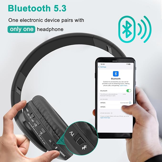 WallarGe Dual Wireless Headphones for TV Watching with RF Transmitter, Bluetooth Over-On Ear TV Headphones Wireless for Seniors, No Lip-Sync Delay, Plug & Play. Set of Two