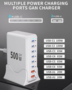 500W USB C Charger Block Charging Station,GaN3 8-Port Fast Charger Block with Dual PD 100W USBC Fast Charging Station Desktop Hub Compatible with iPhone 17 16 15 14/Pro Max/MacBook Pro/Air/iPad(White)