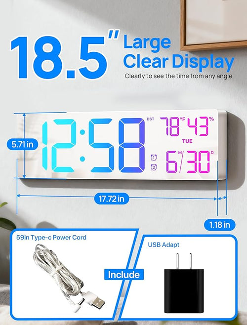 18.5" Large Digital Wall Clock with Remote Control, Big LED Display Digital Clocks with Night Light, Alarm, Countdown, DST, Temp, Date for Living Room, Bedroom, Office, Gift for Seniors(White)
