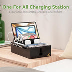 Pezin & Hulin Bamboo Charging Station for Multiple Devices, USB Charger Dock Organizer, with Power Supply (10 Ports HUB), 6 Cables, Cable Management Organizer for Cell Phones, Tablets -Black