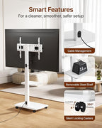 ECOTINY Steel Base Rolling TV Stand for 32-75 inch TVs up to 110 lbs, Leveling & Tilt & Swivel Mobile TV Stand with Hidden Wire Management, Height Adjustable Portable Tv Stand with Steel Shelf, White