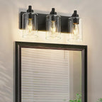 METWET 3-Light Bathroom Light Fixtures, Black Vanity Light with Cylinder Clear Glass Shade, Modern Vanity Lighting Fixtures Over Mirror, VL143-MB-3