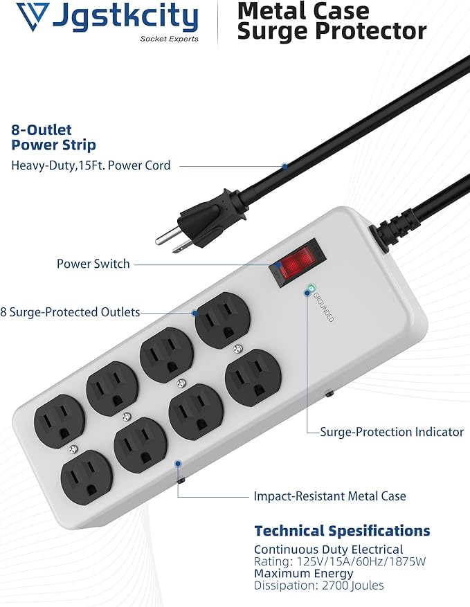 Heavy Duty Power Strip,Industrial Heavy Metal Case Surge Protector,8 AC Outlets,15Amp,2700 Joules,Protected' Indicator,14 Gauge Cord (Grey, 15FT Length)
