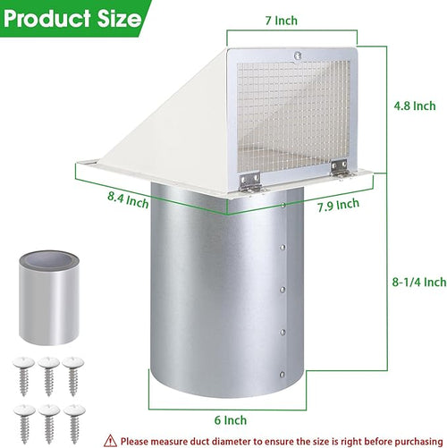 6 Inch Hooded Wall Vent with Screen and Damper,6 Inch Exhaust Vent Cover Cap for Outdoor Kitchen Range Hood Dryer Ventilation,Outside Wall Mount Extractor for House Air Exhaust,Galvanized Steel,White
