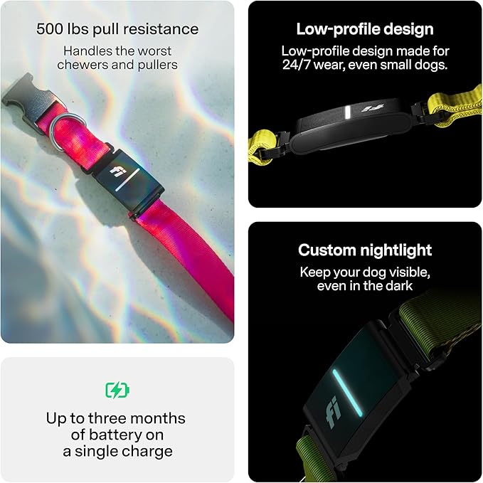 New Fi Series 3+ Smart Dog Tracker Collar [12 Month Membership Included] GPS Tracker for Dogs with Health & Behavior Monitoring, Escape Alerts, Waterproof, LED, Apple Watch Compatible (Gray, Large)