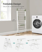 SONGMICS Clothes Drying Rack, Foldable 2-Level Laundry Drying Rack, Free-Standing Laundry Airer, with Height-Adjustable Wings, 33 Drying Rails, Sock Clips, White and Green ULLR053C01V1