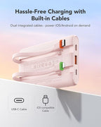 VEGER Portable Charger with Built in Cable, 10000mAh 22.5W Fast Charging USB C Battery Pack, 4 Outputs 3 Inputs Power Bank for iPhone 16/15/14/13 Series, iPad, Samsung, Android, Tablet, Pink(1 Pack)