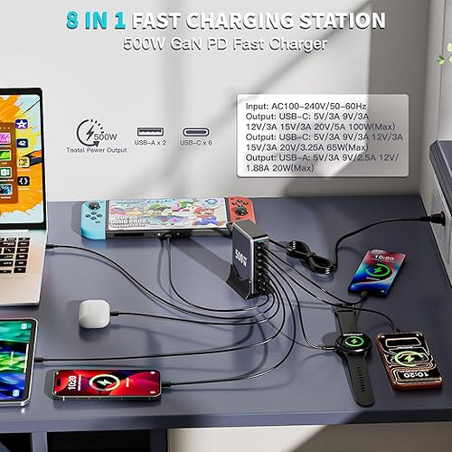 500W GaN USB C Charger Block Charging Station 8 Port Fast Charger Block with Dual 100W PD USB-C Fast Charging Station Hub Compatible with iPhone 17/16 15/14/13/Pro Max/MacBook Pro/Air/All iPad (Black)