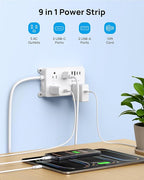 TROND Power Strip with USB, 10ft Extension Cord Surge Protector, 5 Widely Spaced Outlets with 4 USB Ports, ETL Listed, 1300J, Low-Profile Flat Plug, Wall Mountable, White