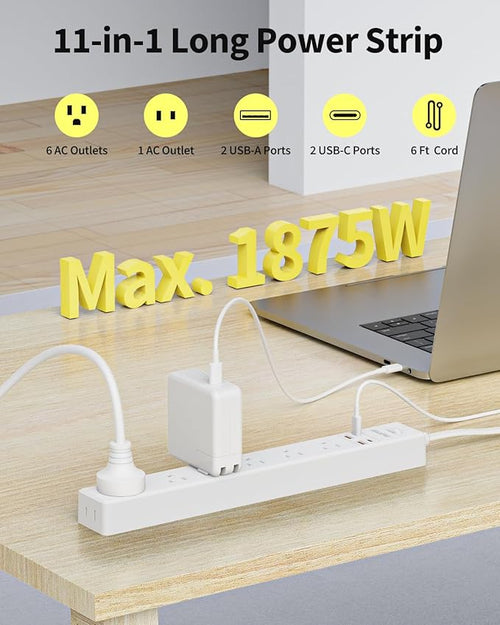 6 Ft Power Strip Surge Protector - 7 Outlets 4 USB Ports (2 USB C), Ultra Thin Flat Extension Cord & Flat Plug, 1700 Joules, Wall Mount, Desk Charging Station for Home Office Dorm, White