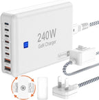 240W Fast Charging Blocks, 8-Port Charging Station for iPhone/Ipad/MacBook, 6C2A PD GaN Charger Box, USB Tower Hub 5ft Braided Power Cord with On/Off Switch, Flat Plug, Travel Essentials