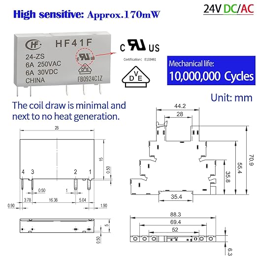 ZJWZJH 10Pcs Miniature Electromagnetic Relay 24V Coil DC/AC; Signal for PLC; HF41F/24-ZS 1NO 1NC 6Amp SPDT with Jumper, Separator, 24V Relay Din Rail, UL Listed
