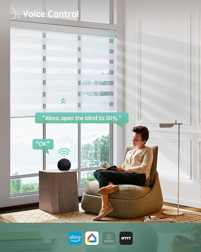 Yoolax Motorized Blinds with Remote, Electric Zebra Blinds for Indoor Windows, Room Darkening Smart Shades with Voice Control, Compatible with Alexa Google Home, APP Control, 55" W x 72" H, White
