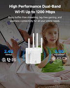 WiFi Extender Supports 105 Devices, 1.2Gbps Home Signal Booster,WiFi Extender Signal Booster with Dual Band 5GHz/2.4GHz, WiFi Booster Up to 12880 Sq.ft, EasyMesh Compatible, One Ethernet Port
