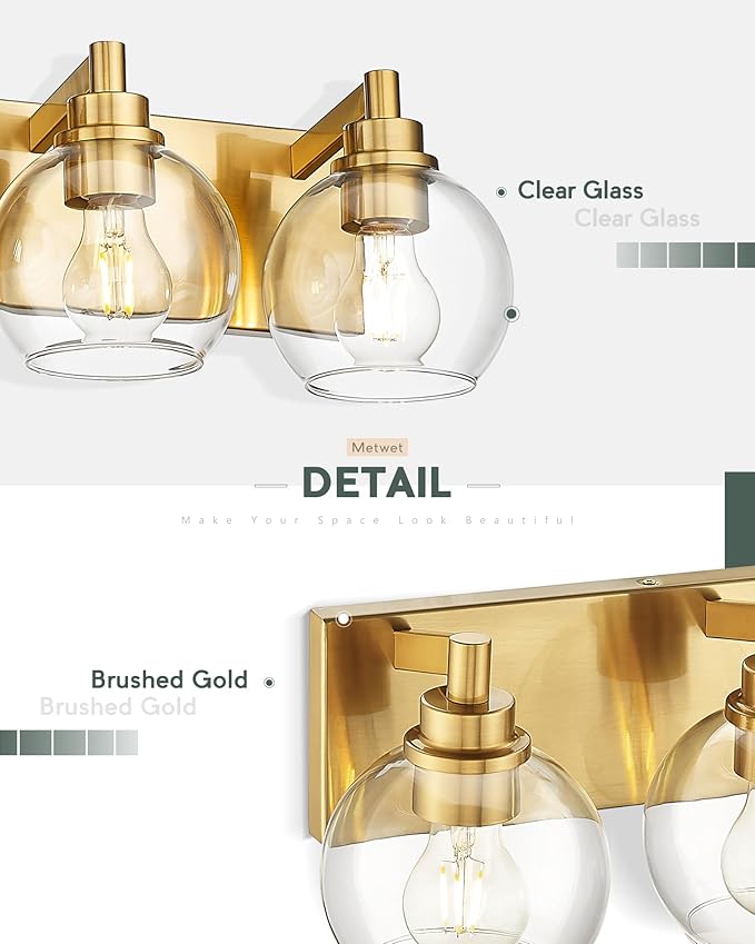 METWET Bathroom Light Fixtures, 6 Light Brushed Gold Vanity Light, 38 Inch Modern Wall Sconces with Globe Clear Glass Shade, Vanity Lighting Fixtures Over Mirror, VL195-BG-6