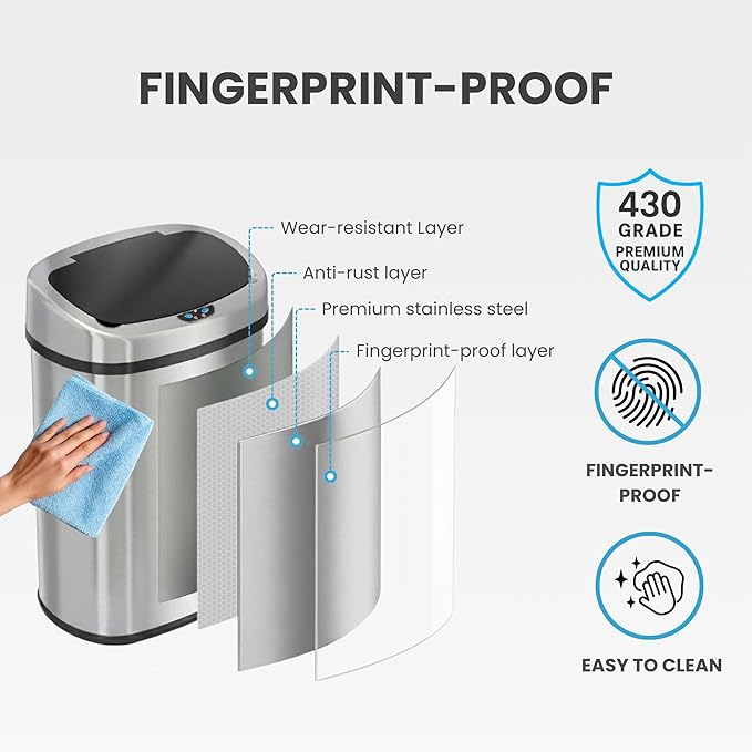 iTouchless 13 Gallon Oval Sensor Trash Can with Odor Filter, Automatic Motion Sensor Kitchen Bin, Soft-Close Stainless Steel, Slim Curved Wastebasket for Narrow Walkways & Islands, Matte Silver