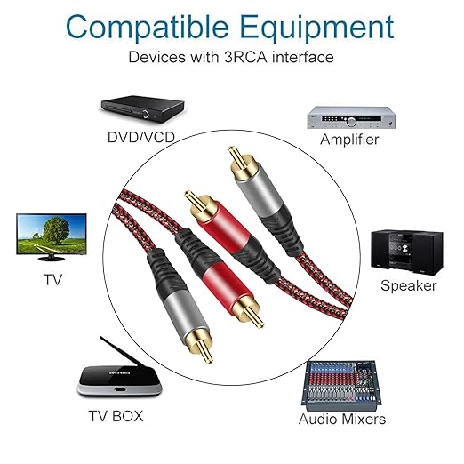 Tiierzon RCA Cable 25Ft,2Rca Male to 2-RCA Male Audio Stereo Subwoofer Cable [Hi-Fi Sound] Nylon-Braided Auxiliary Audio Cord for Home Theater, HDTV, Amplifiers, Hi-Fi Systems,Speakers and etc (25Ft)