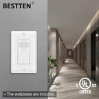 BESTTEN 5 Pack Motion Sensor Light Switch, PIR Vacancy & Occupancy, 800W 1/6 HP, 120/277V, Single Pole, Neutral Wire Required, Wallplate Included, UL Listed, White