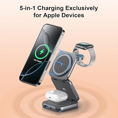 5-in-1 Wireless Charger for MagSafe, AC ISLAND Portable Travel Charging Station, 35W Max Fast Foldable Magnetic Stand, Evolved for iPhone 17-12 & Air Series, Apple Watch, AirPods (with 35W Adapter)