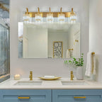 FDPBY 5-Light Crystal Vanity Light, Modern Gold Bathroom Wall Sconce with K9 Crystal Shades, 42.51" Long Over Mirror Lighting for Vanity, Makeup, Hallway, Elegant & Easy Installation