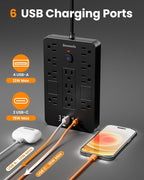 Bawmwim Surge Protector Power Strip - 11 Outlets(1850W/15A) with 6 USB Ports(2 USB C), 6FT Flat Plug Extension Cord, Wall Mount, Black, ETL Listed for Home, Dorm Room