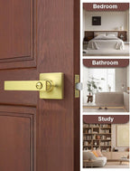 Mengico 8 Pack Gold Privacy Lever Door Handle Interior with Lock, Heavy Duty Square Door Lock for Bed/Bath, Keyless Door Locksets, Reversible for Left Right Handed Doors