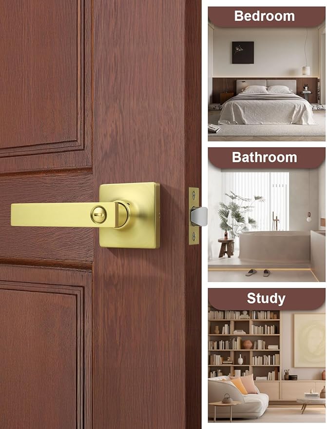 Mengico 4 Pack Gold Privacy Lever Door Handle Interior with Lock, Heavy Duty Square Door Lock for Bed/Bath, Keyless Door Locksets, Reversible for Left Right Handed Doors