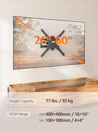 ELIVED TV Wall Mount for Most 26-60 Inch TVs, Swivel and Tilt Full Motion TV Mount with Single Stud Perfect Center Design, Wall Mount Bracket Max VESA 400x400mm, Corner Mount Holds up to 77 lbs.