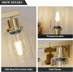 DIKAIDA 2-Light Brushed Gold Vanity Lights for Bathroom, Brushed Gold Bathroom Light Fixtures, Modern Vanity Lighting Over Mirror with Clear Glass Shade, Farmhouse Bath Wall Lamp for Mirror