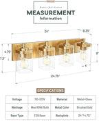 METWET Bathroom Light Fixtures, 25" Brushed Gold Vanity Light, 4-Light Modern Wall Sconces with Square Clear Glass Shade, Vanity Lighting Fixtures Over Mirror, VL194-BG-4