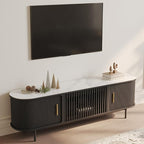 POVISON Sliding Tambour Door TV Stand, Mid Century Modern Sintered Stone TV Console, Wood Media Console for 70 Inch TV, Entertainment Center with Storage Cabinet, Fully-Assembled (Black, 70.87")