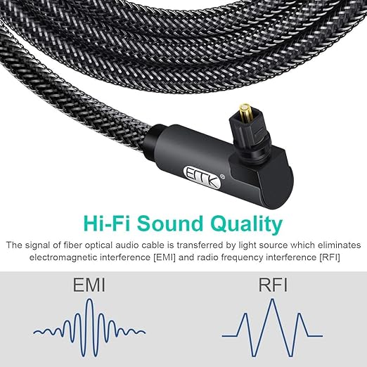 EMK 【Upgraded】 Double 90 Degree Optical Audio Cable Free-Rotating Toslink Plug Nylon Braided S/PDIF Digital Right Angle Optical Male to Male Cable for Home Theater,Sound Bar,TV(10ft/3m)